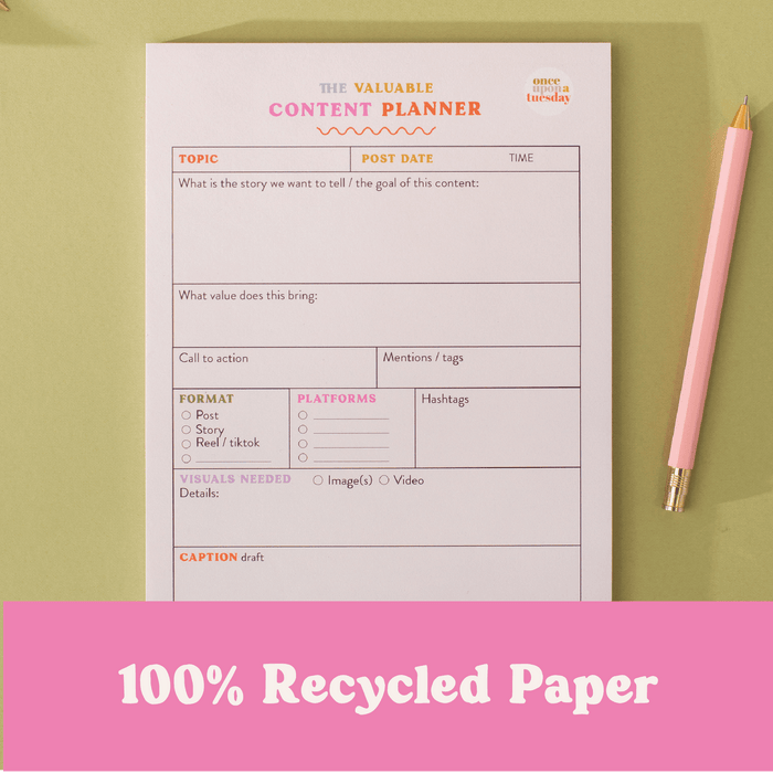 Content planner page with pink pencil on sage green background, featuring a pink banner overlay stating "100% Recycled Paper". The planner shows sections for topic, post date, call to action, format options, and caption draft, with pink and orange headers.