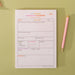 A5 content planner pad showing a clean layout with sections for post topic, date, value proposition, format selection (post/story/reel), platforms, hashtags, and caption space. Pink and orange text headers on white recycled paper, with a pink pencil beside it on a sage green background.