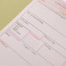 Close-up detail of the content planner page layout showing key sections including topic, value proposition, call-to-action, and format selection boxes. Pink and orange section headers on white paper with clean grid layout for social media planning.