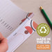 Daily planner showing eco-friendly credentials - 100% recycled paper, Made in UK, and plastic-free packaging badges with geometric design detail