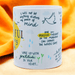 Close-up of white ceramic mug with handwritten-style positive affirmations, featuring quotes "I will not let anything disturb my peace of mind" and "Wake up with gratitude in your heart." Decorated with a peace dove, small hearts, and rain drops against a warm orange background.