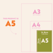 Infographic showing paper size comparison between A3, A4, and A5 formats. A5 size (14.8 x 21cm) highlighted in olive green, with larger A4 (21 x 29.7cm) and A3 (29.7 x 42cm) sizes outlined in pink. Text indicates "THIS PRODUCT IS A5" in orange and pink lettering.