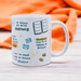 White ceramic mug showing business affirmations including "Abundance flows to me through my business" and "My business gets better everyday" with illustrations of envelopes, planner, and coins on orange fabric background