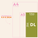 Visual size comparison diagram showing the DL-sized To Do List pad (9.9 x 21cm) alongside A4 (21 x 29.7cm) and A5 (14.8 x 21cm) paper sizes. The DL size is highlighted in green with measurements in both centimeters and inches.