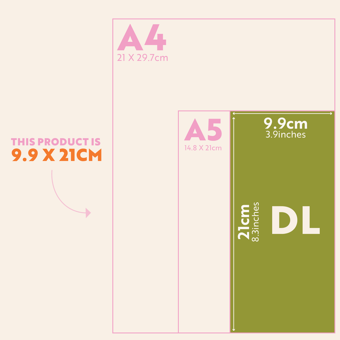 Size comparison diagram showing the DL-sized To Do List Pad (9.9 x 21cm) alongside A4 and A5 paper sizes, with measurements labeled in both centimeters and inches