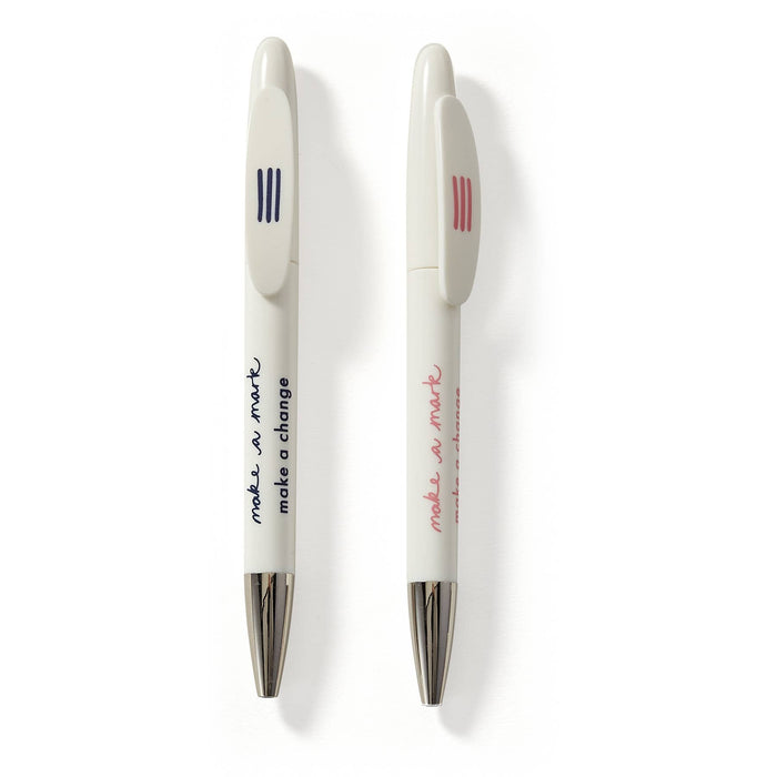 Close-up of two white VENT For Change recycled pens against a white background. One pen features blue stripes and text, the other red stripes and text. Both pens have silver metal tips and display the "make so more" slogan.