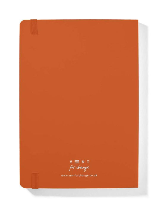 Back view of orange A5 VENT notebook showing recycled leather cover with embossed logo and website details, featuring corner elastic bands.