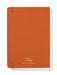 Back view of orange A5 VENT notebook showing recycled leather cover with embossed logo and website details, featuring corner elastic bands.