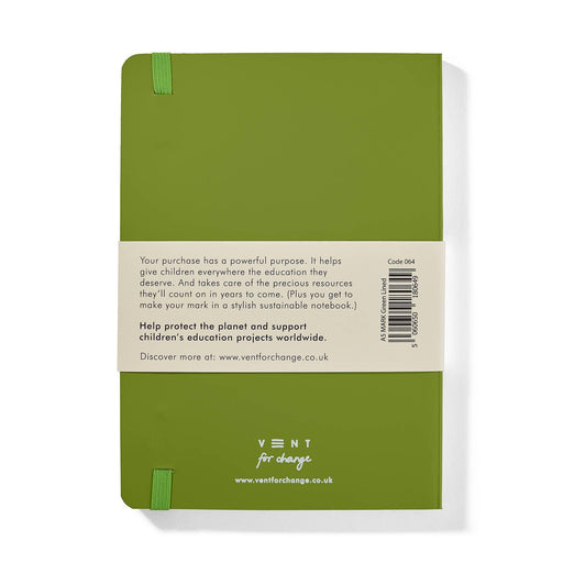 Back cover of VENT green notebook showing product information band with sustainability message and company mission statement, featuring VENT for change logo and website details