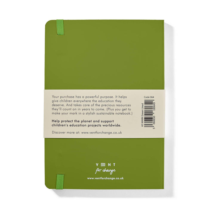 Back cover of VENT green notebook showing product information band with sustainability message and company mission statement, featuring VENT for change logo and website details