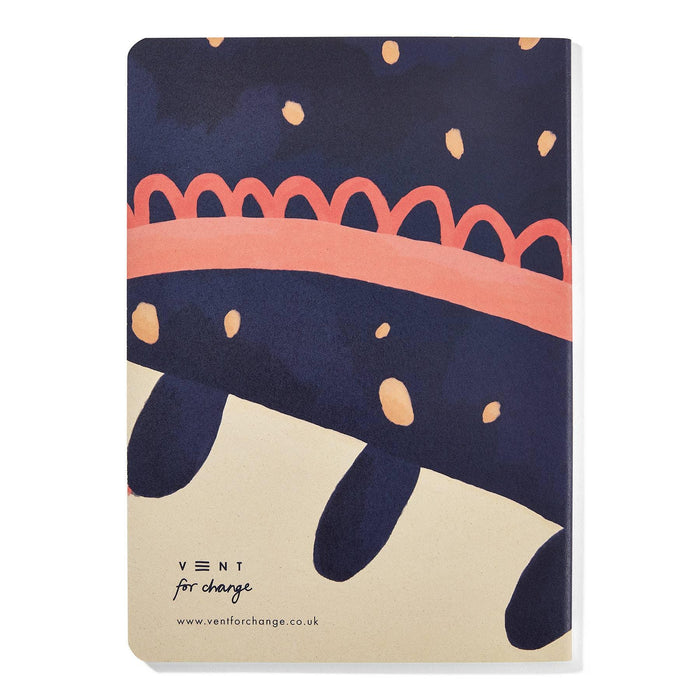 Back cover of VENT sketchbook showing brand logo and website on cream background with navy and coral abstract pattern continued from front cover design.