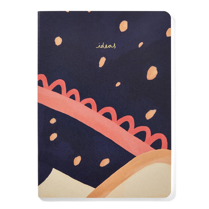 VENT A5 sketchbook cover featuring navy blue background with abstract coral scalloped pattern, peach dots, and cream curved elements. Gold foiled 'ideas' text centered on cover.