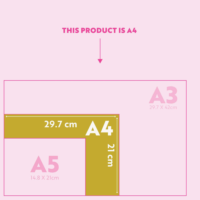 Infographic showing paper size comparison between A3, A4 and A5 formats. Gold highlight indicates weekly planner's A4 size (29.7 x 21 cm) against pink background, with dimensions clearly labelled.