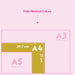 Infographic showing paper size comparison between A3, A4 and A5 formats. Gold highlight indicates weekly planner's A4 size (29.7 x 21 cm) against pink background, with dimensions clearly labelled.